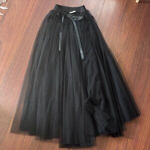 Black Tulle Midi Skirt with Ribbon Waist